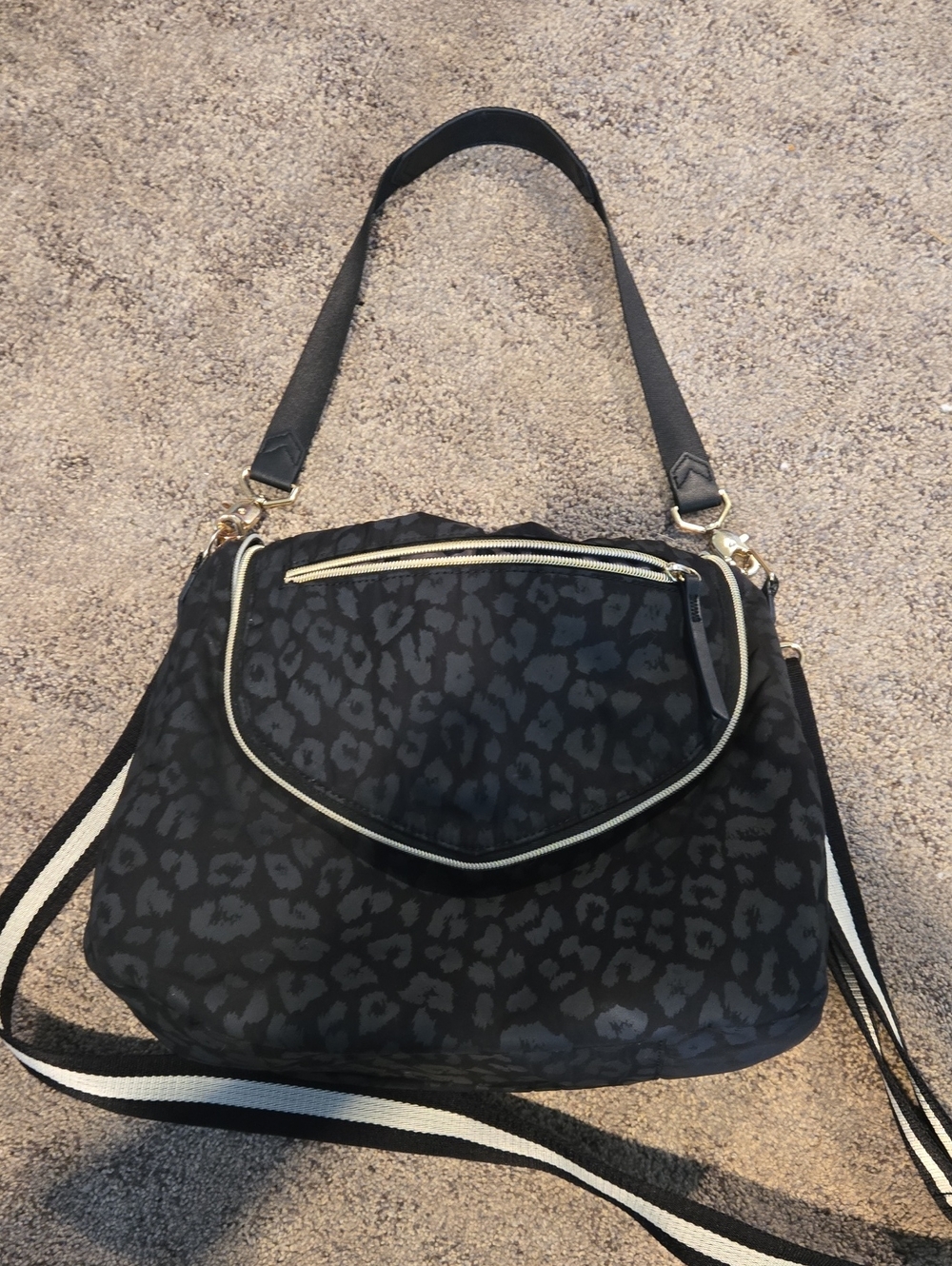 Stella & Dot Black Leopard-Print Shoulder Bag with Removable Striped Strap